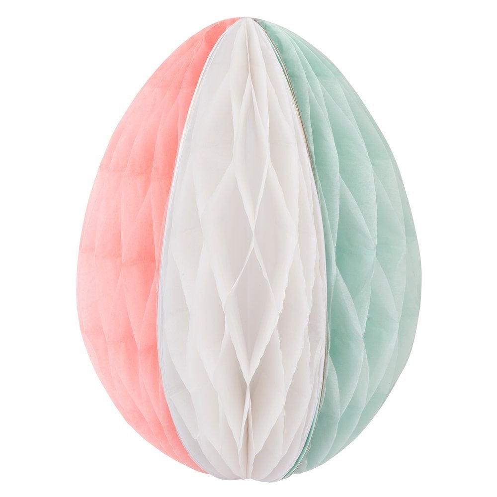 Meri Meri - Easter Honeycomb Decorations. Close up look of striped egg in pastel pink, white and mint color, with amazing paper tissue honeycomb details. This high quality easter decoration is perfect for your easter party table, spring party, farm themed party, easter basket decorations, home decoration for easter.