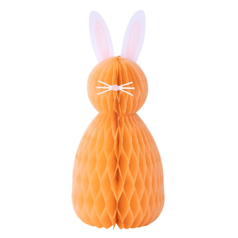 Meri Meri - Easter Honeycomb Decorations. Close up look of a orange bunny with amazing paper tissue honeycomb details, white paper ears, nose and whisker stickers. This high quality easter decoration is perfect for your easter party table, spring party, farm themed party, easter basket decorations, home decoration for easter.