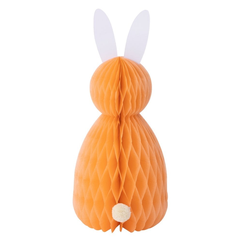 Meri Meri - Easter Honeycomb Decorations. Close up back look of orange bunny with amazing paper tissue honeycomb details, paper ears and pompom tail. This high quality easter decoration is perfect for your easter party table, spring party, farm themed party, easter basket decorations, home decoration for easter.