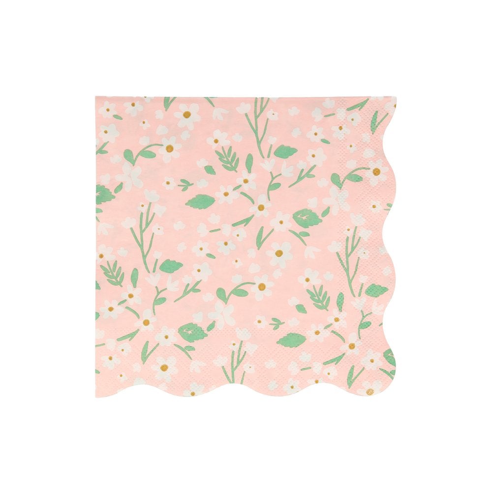 Meri Meri Ditsy Floral Large Napkins. Feature a fabulous floral pattern with a stylish scalloped edge in peach color. They are crafted from 3-ply paper, so are practical as well as decorative, Made from eco-friendly paper.