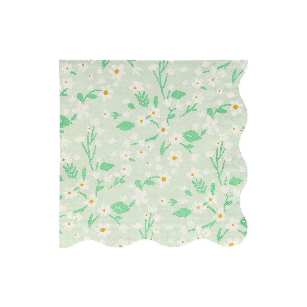 Meri Meri Ditsy Floral Large Napkins. Feature a fabulous floral pattern with a stylish scalloped edge in green color. They are crafted from 3-ply paper, so are practical as well as decorative, Made from eco-friendly paper.