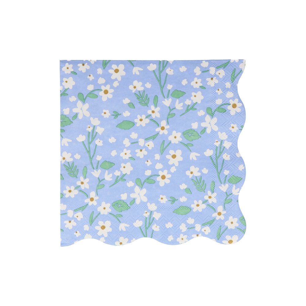 Meri Meri Ditsy Floral Large Napkins. Feature a fabulous floral pattern with a stylish scalloped edge in blue color. They are crafted from 3-ply paper, so are practical as well as decorative, Made from eco-friendly paper.