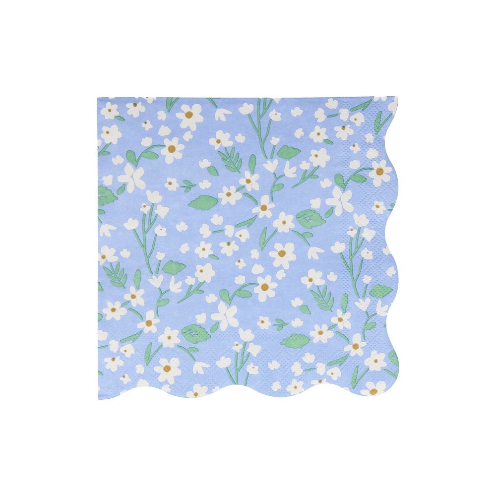 Meri Meri Ditsy Floral Large Napkins. Feature a fabulous floral pattern with a stylish scalloped edge in blue color. They are crafted from 3-ply paper, so are practical as well as decorative, Made from eco-friendly paper.