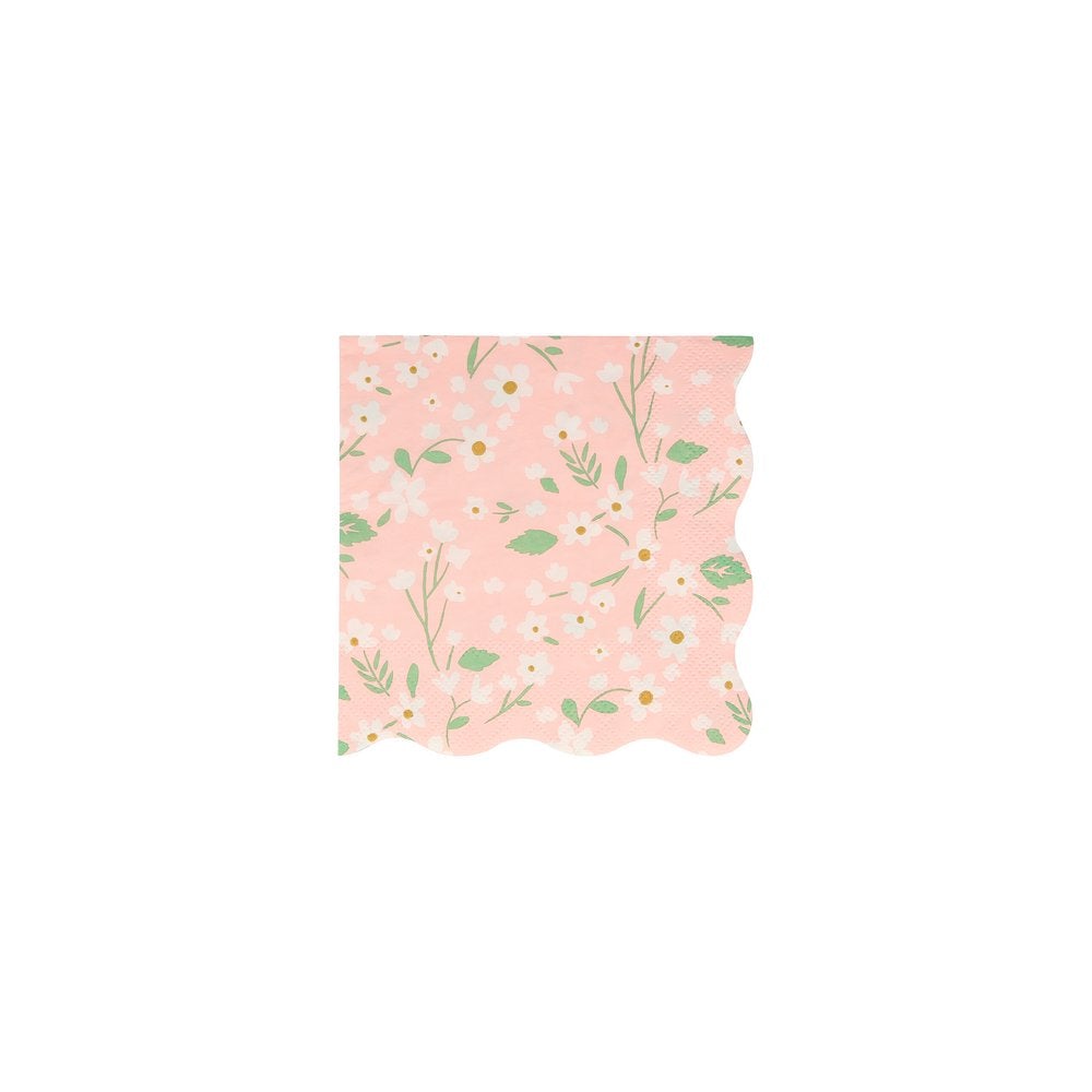 Meri Meri Ditsy Floral Small Napkins. Feature a fabulous floral pattern with a stylish scalloped edge in pink color. They are crafted from 3-ply paper, in 5 x 5 inches when folded, so are practical as well as decorative, Made from eco-friendly paper.