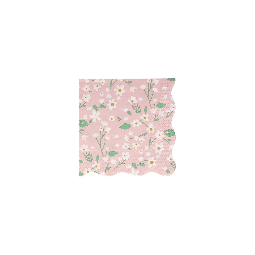 Meri Meri Ditsy Floral Small Napkins. Feature a fabulous floral pattern with a stylish scalloped edge in peach color. They are crafted from 3-ply paper, in 5 x 5 inches when folded, so are practical as well as decorative, Made from eco-friendly paper.