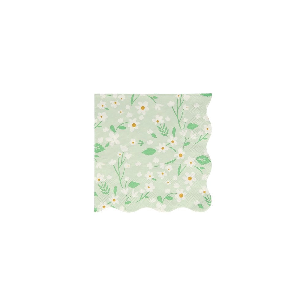 Meri Meri Ditsy Floral Small Napkins. Feature a fabulous floral pattern with a stylish scalloped edge in green color. They are crafted from 3-ply paper, in 5 x 5 inches when folded, so are practical as well as decorative, Made from eco-friendly paper.