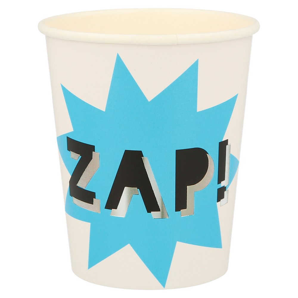 Meri Meri Superhero Party Cups. Make your party drinks look really super with these fabulous cups decorated in the comic word of 'Zap!' of a white cup, these modern designed party supplies are perfect for kids superhero themed birthday party.