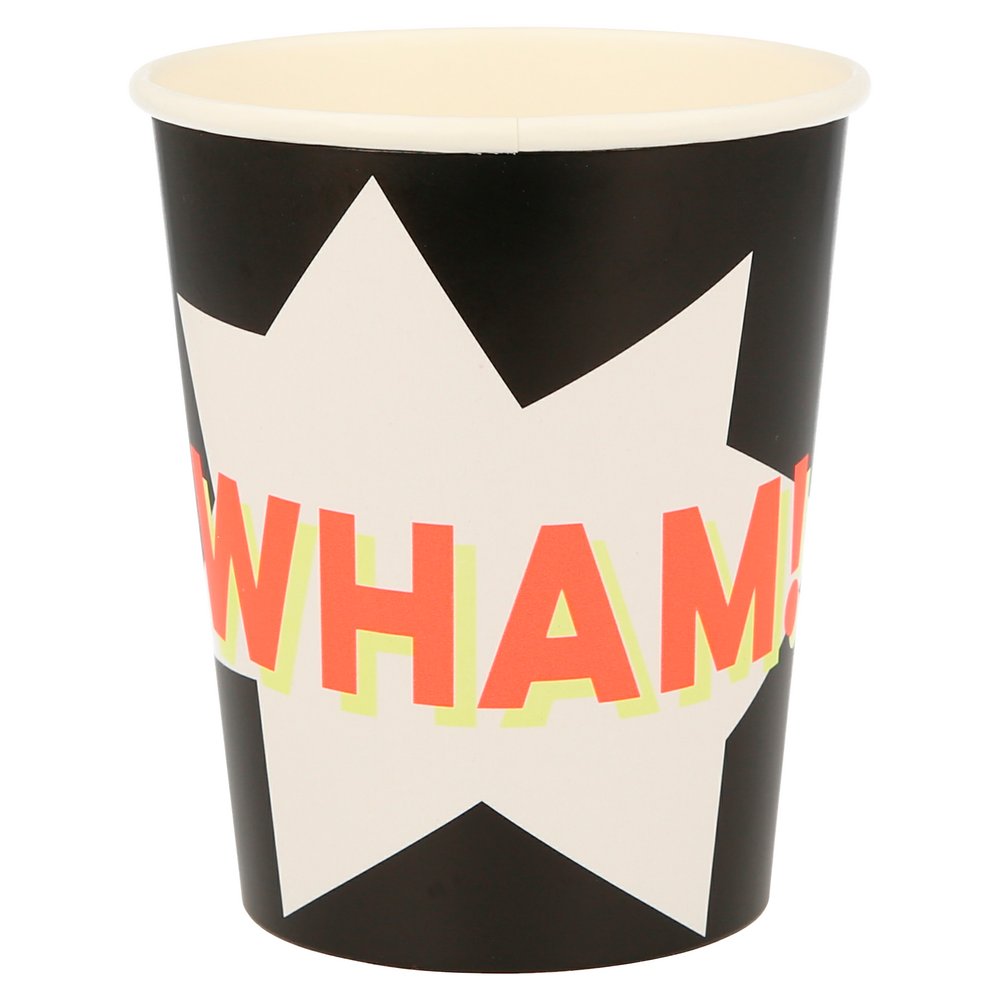 Meri Meri Superhero Party Cups. Make your party drinks look really super with this fabulous cups decorated in comic word of neon orange and yellow 'Wham!',in a black color paper cup, these modern designed party supplies are perfect for kids superhero themed birthday party.