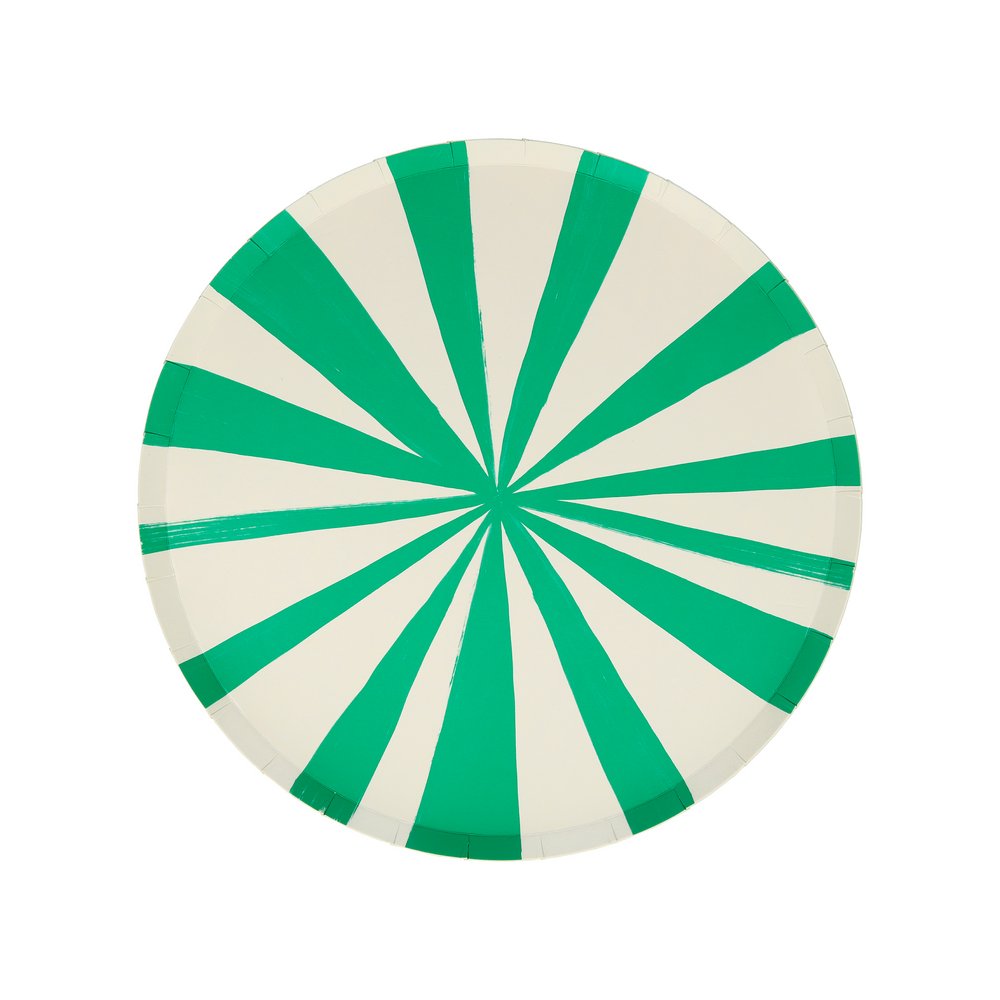 Green stripe Side plate from Mixed Stripe Side Plates by Meri Meri. These sensational round side plates feature 8 different stripes of color for a decorative effect. Stripes are a delightful way to add lots of color and style to any party table.