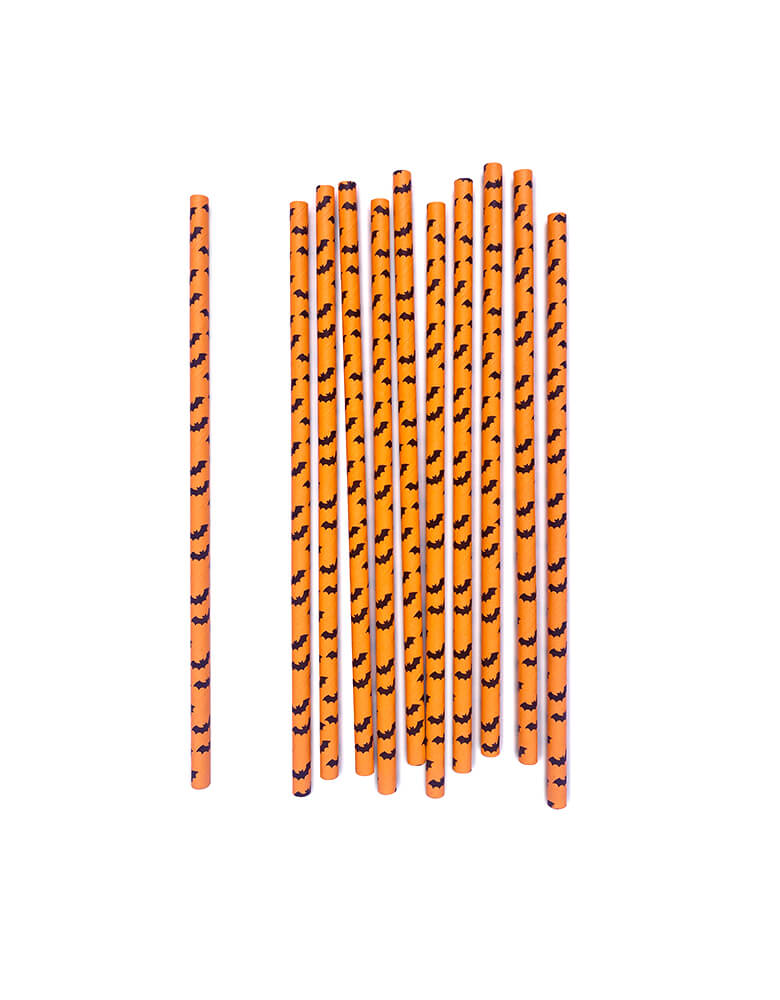 Momo Party Halloween Bat Straws. These Pack of 25 fun Halloween bat straws, featuring black bats on the orange straw, made from paper. They're perfect for your Halloween party table!   