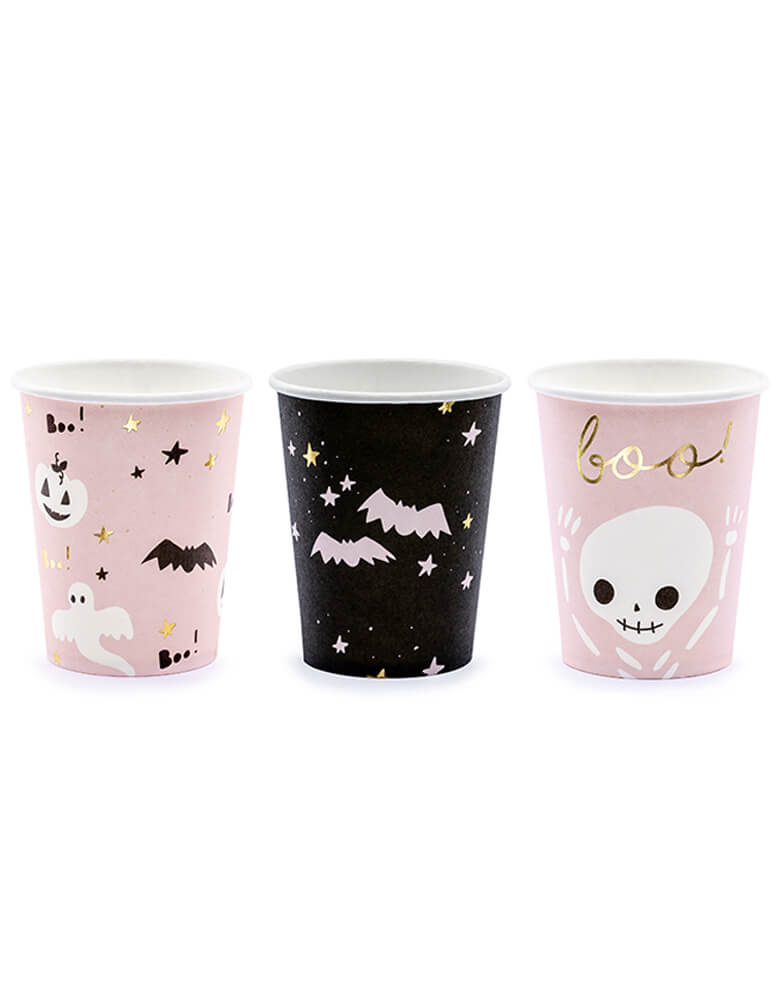 Party Deco - Halloween Boo! Paper Cups, An adorable set of party cups in 3 designs of ghosts, bats and skeletons in pastel pink and black. A must for your pink Halloween party!