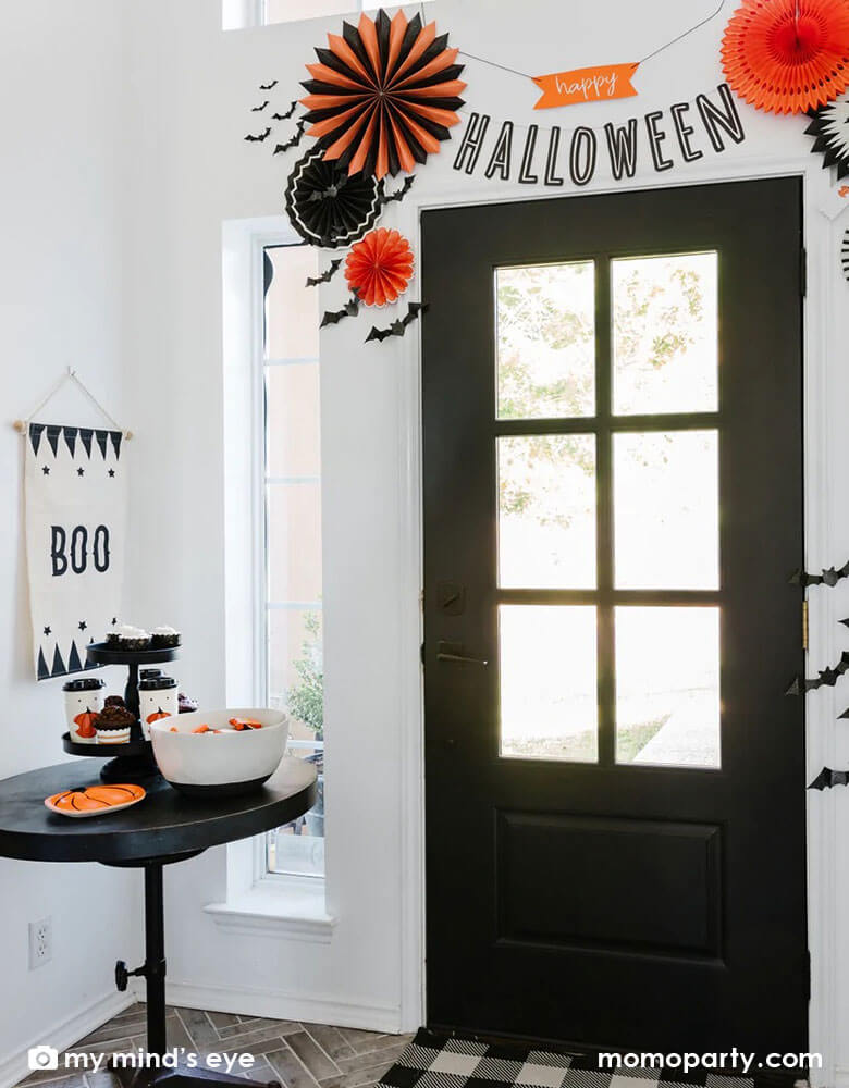 Halloween-Doorway-Decorations featuring My Minds Eye - Vintage Halloween Paper Fans. Set of 8 fans with two 17” fans, two 14" fans, two 11" fans and two 8" fans. Double sided with Black Glitter details papar fan. Create a frightful center piece for your haunted house party with these vintage inspired Halloween party fans.