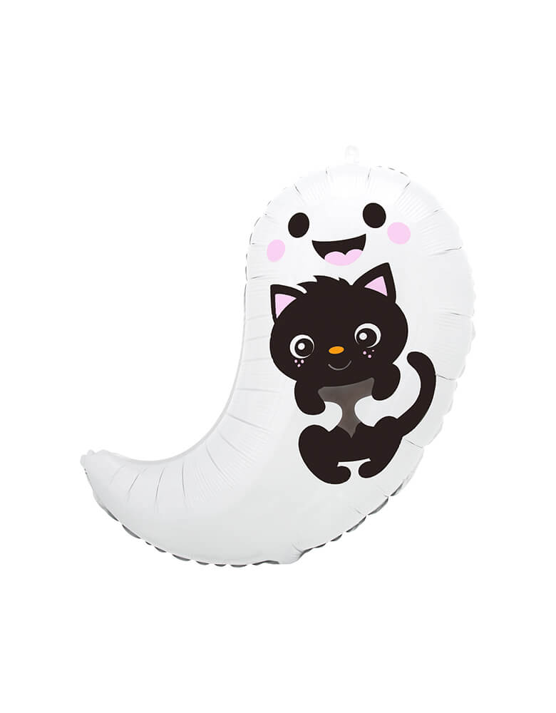 Anagram Balloons - 41951 Ghost & Kitty Cuties Standard Shape S50. Invite this friendly duo over to your Halloween party! This 19 inches foil balloon is decorated with a smiling ghost holding a sweet black kitten. It's perfect for a not-so-scary Halloween party!