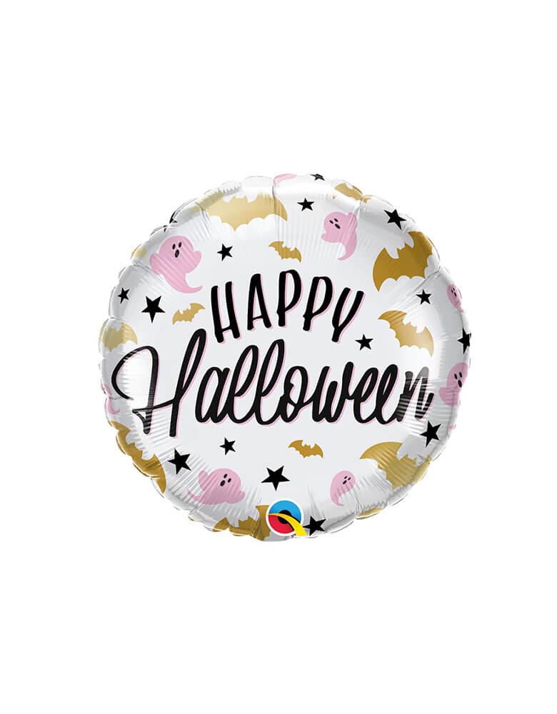 Qualatex Balloons - Halloween Glam Bats & Ghosts Foil Balloon. This 18" Glam Bats And Ghosts featuring pink ghost and gold bat with black stars around a "happy halloween" text in a round latex balloon. 