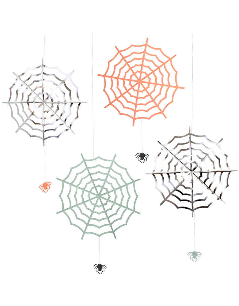 Meri Meri 217171 Halloween Hanging Cobwebs. Pack of 4 webs and 8 spiders. These are crafted from cards with shiny silver foil on one side and a printed color on the reverse. The spiders have black glittery bodies, and are pre-threaded with silver thread to attach them to the cobwebs