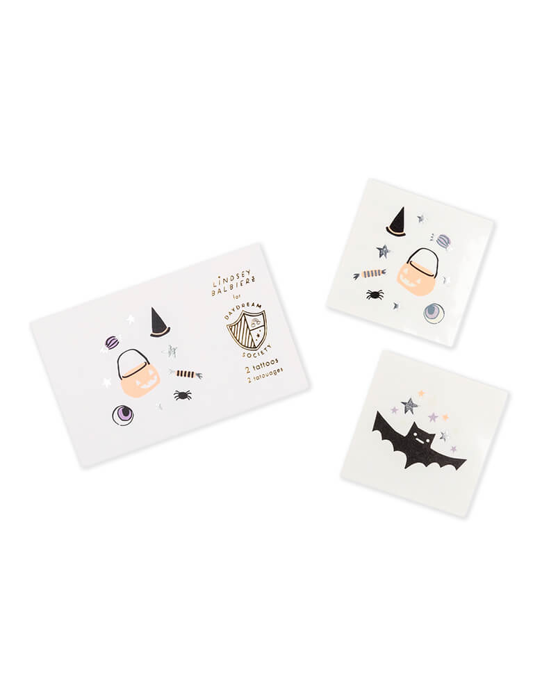 Daydream Society_Halloween Hocus Pocus temporary tattoo set featuring a bat, trick or treat bucket and a witch's hat