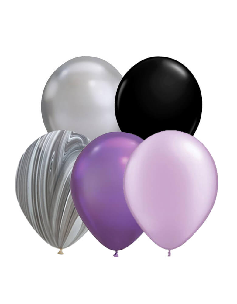 Qualatex 11" Latex Balloon Mix with Black, Chrome silver, Chrome Purple, Pearl Purple, Marble for a unique spooky halloween party, halloween decorations 