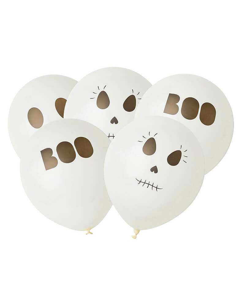 Momo Party's Halloween Printed Balloon Set by Talking Tables. Pack of 5 black and white balloons with eye-catching 'BOO', ghost and skeleton printed designs. These balloons are suitable to be filled with air or helium and are perfect as decorations for a Halloween Party! Also includes handy paper ribbon that can be attached to each balloon.