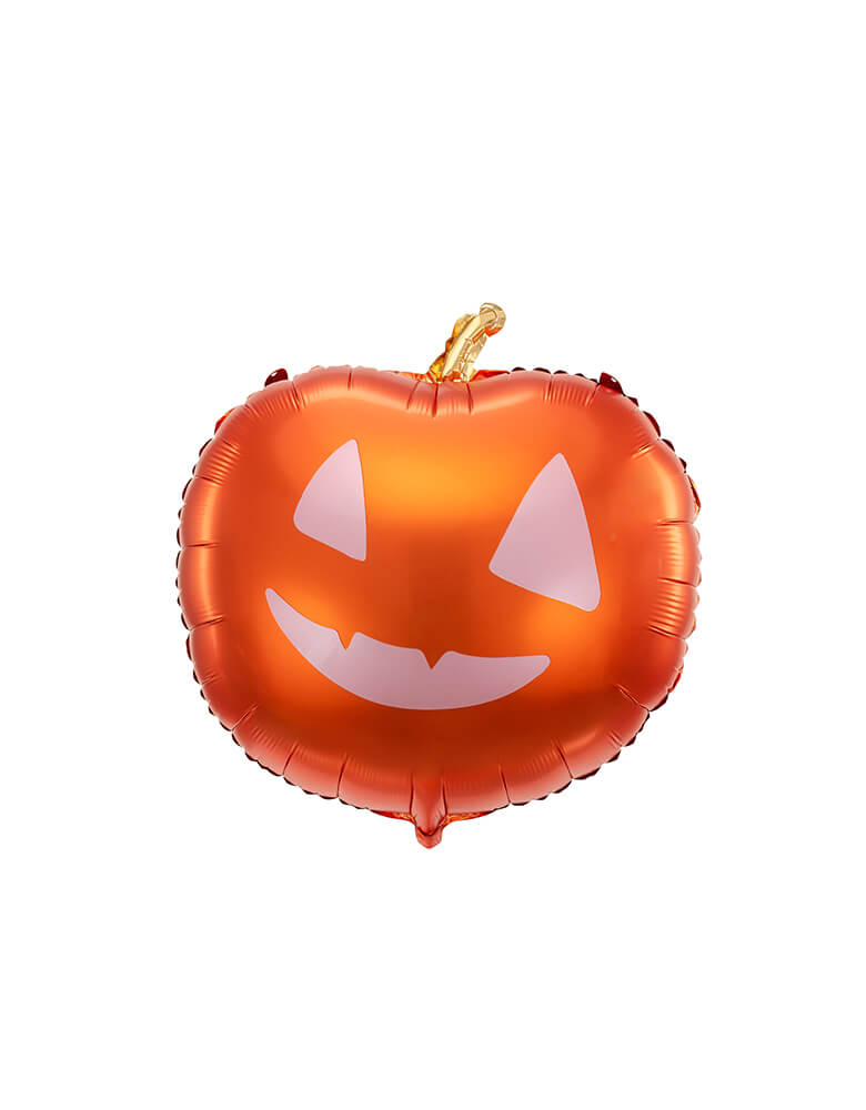 Party Deco 16 inches Halloween Pumpkin Foil Mylar Balloon, featuring a pumpkin shape in orange and gold foil color with Jack O'lantern happy face in pink, Bring this cute Jack O'lantern balloon to your Not-So-Scary Halloween Party!! 
