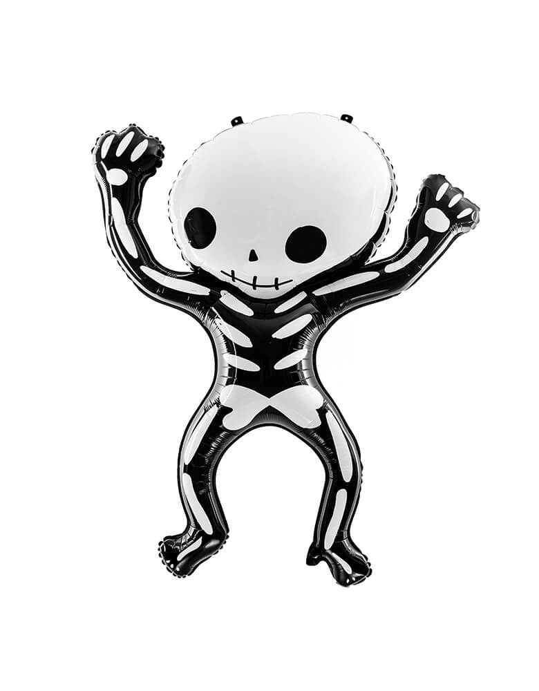Party Deco - Halloween Skeleton Foil Mylar Balloon, The balloon is designed in the shape of a funny skeleton and measures 33 x 39 inches. Add this modern fun skeleton foil balloon to your or your kid-friendly modern spooky halloween party, trick-or-treating halloween party, nightmare before christmas party, witch themed party and all halloween related celebrations