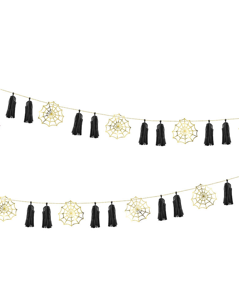 Party Deco Halloween Spiderweb Paper Garland, 5.8 ft long, This DIY paper garland features 5 boo-tiful gold spiderwebs and 12 black tassels. each set includes 5 spiderwebs, 12 black tassels, 12 clips and a gold string. Add this faboolous garland to your Halloween celebration, halloween home decoration, Kids modern spooky halloween party, hocus pocus party trick-or-treating party, nightmare before christmas party, witch themed party and all halloween related celebrations