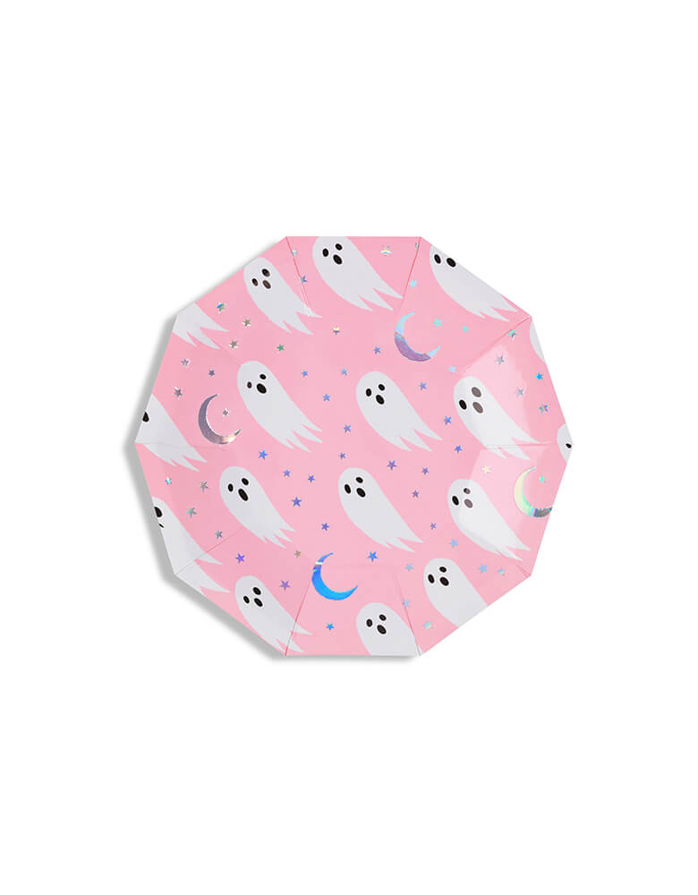 Daydream Society - Halloween Spooked Party Small Plates, Set of 8, featuring ghosts in holographic and neon pink design, They are perfect for a pink Halloween party for your little ghouls!