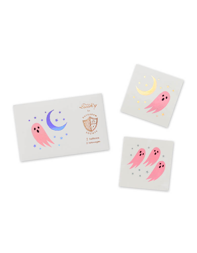 daydream Society_Halloween Spooked Temporary Tattoos featuring pink ghosts and silver moon design