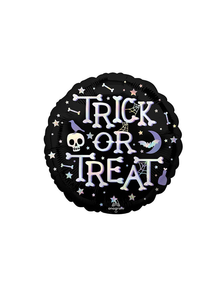 Anagram Balloons - 43163 Iridescent Trick or Treat Standard Holographic S55. This amazing iridescent trick or treat Halloween foil balloon is perfect for your Halloween bash. Featuring classic Halloween elements, including a skull, a crow, a bat, and a potion bottle