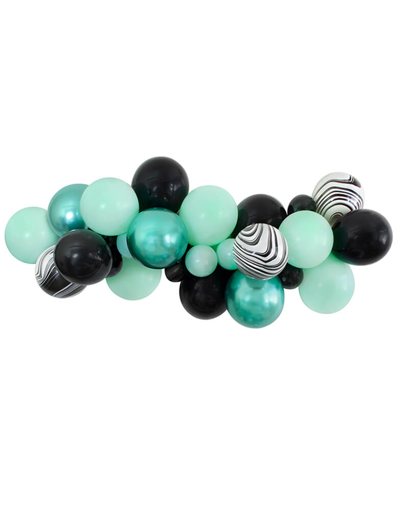 Momo Party 2020 Halloween Collection, Witch Please themed Balloon Garland/Cloud, mix with 11 inch and 5 inch Pastel Matt Mint, Chrome green, Black, Black and White Marble color Latex Balloons. Unique Decoration for your Halloween party , A Modern Witch Inspired Halloween Party, trick-or-treating Halloween party, Night Haunted House Birthday Party, nightmare before christmas party and all kind celebrations