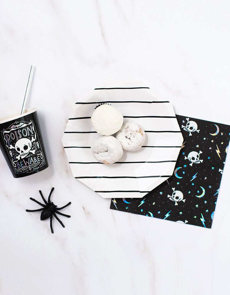Day Dream Society Halloween set with Halloween Doomsday Napkins, small black-frenchie stripe plate and doomsday cup with sliver paper straw and spider for a modern cool look Halloween party, these partyware will make an epic halloween party, skull themed party, halloween party for all age