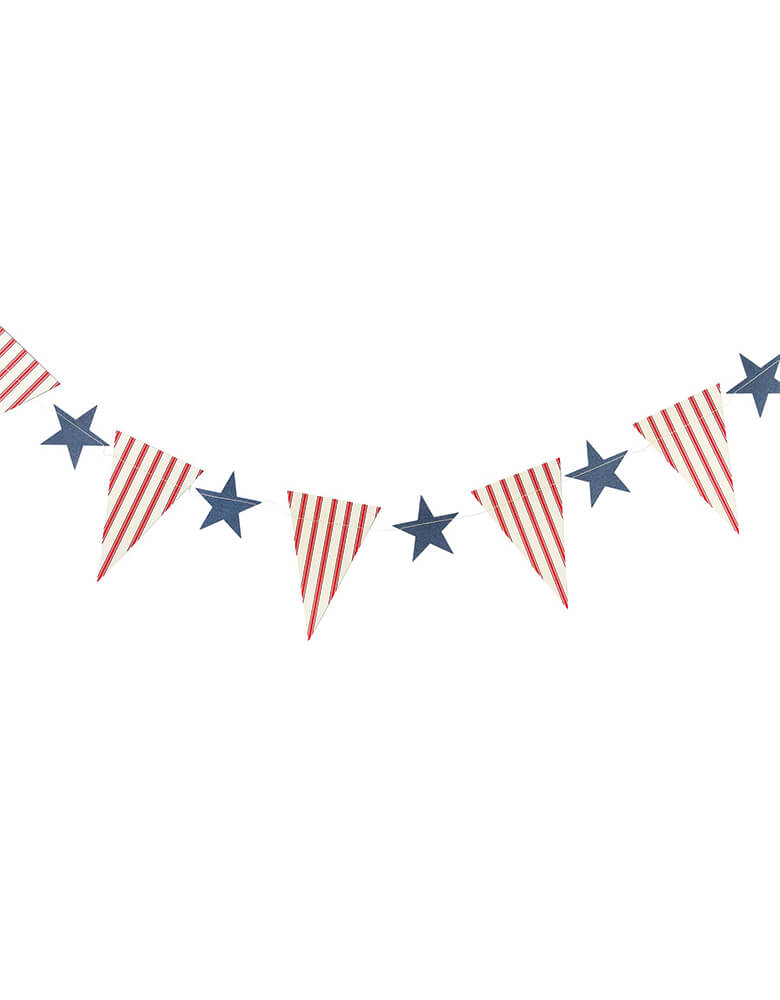 Hamptons Pennant Star Banner by My Minds Eye. Celebrate in classic coastal style, With ticker tape patterned pennants and blue die cut stars this banner is the perfect accent to a beach side clam bake, poolside barbeque or patriotic mantle display, 4th of July party decortaion!