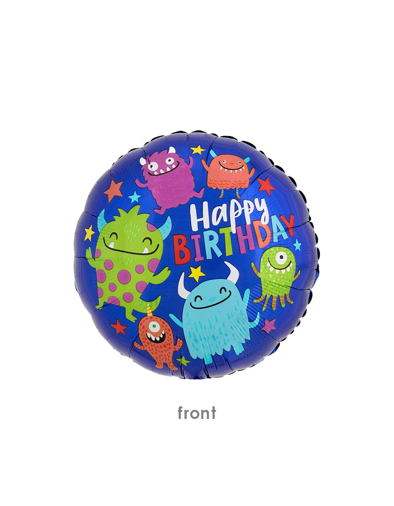 Anagram Balloons 41800 Happy Little Monsters Birthday Standard HX® S40. This Happy Birthday Little Monsters Foil Balloon featuring bright cute monsters with "happy birthday" text in a navy blue rounded foil balloon in the front, Invite all your monster friends to your little one's birthday celebration!