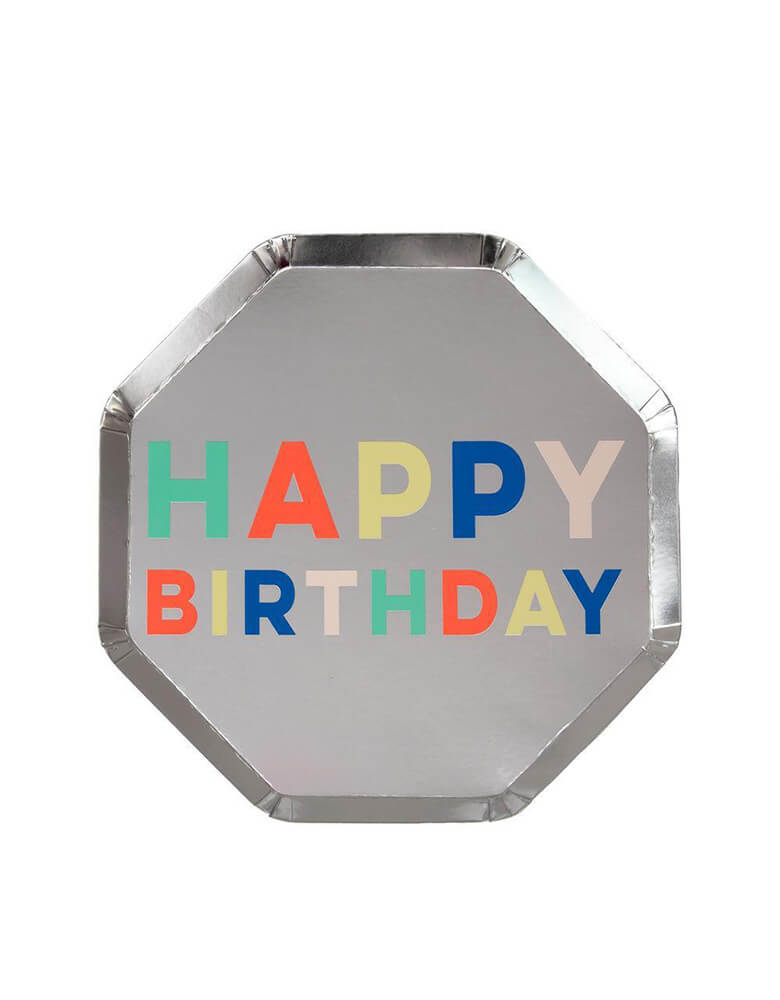 Meri Meri Silver Happy Birthday Palette Side Plate with multi-color texts on it