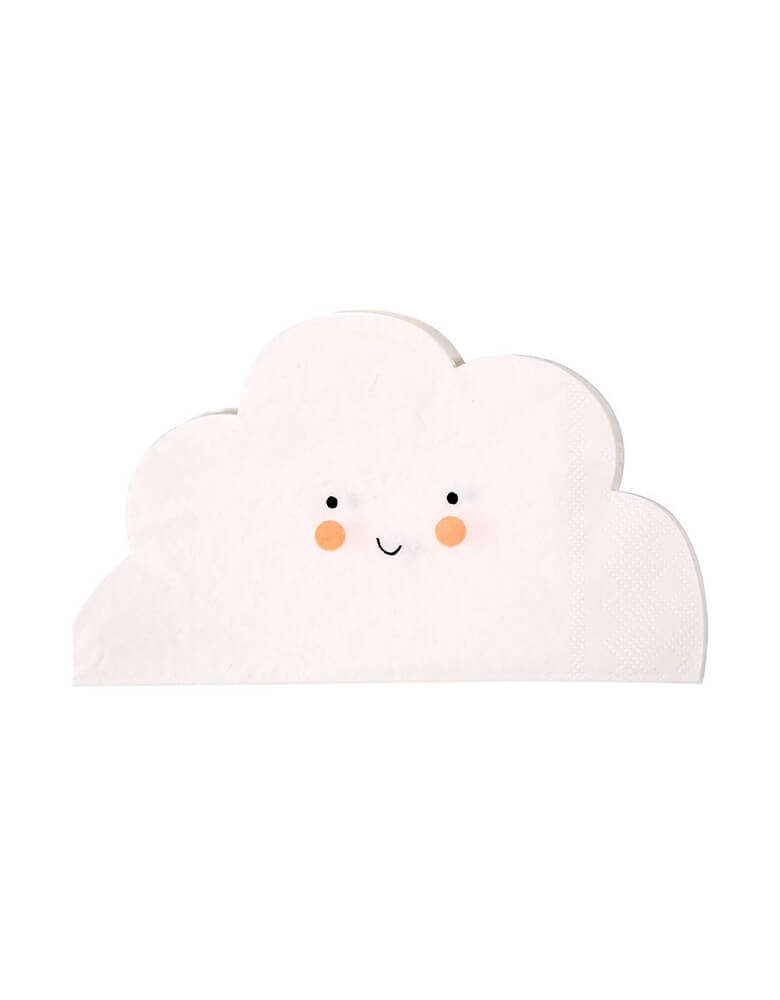 Happy Cloud Napkins By Meri Meri. These adorable happy cloud napkins, with a sweet smile are perfect to create a soothing atmosphere at any party. The napkins are great for an airplane, rainbow, 'you're my sunshine' themed party, or a baby shower!