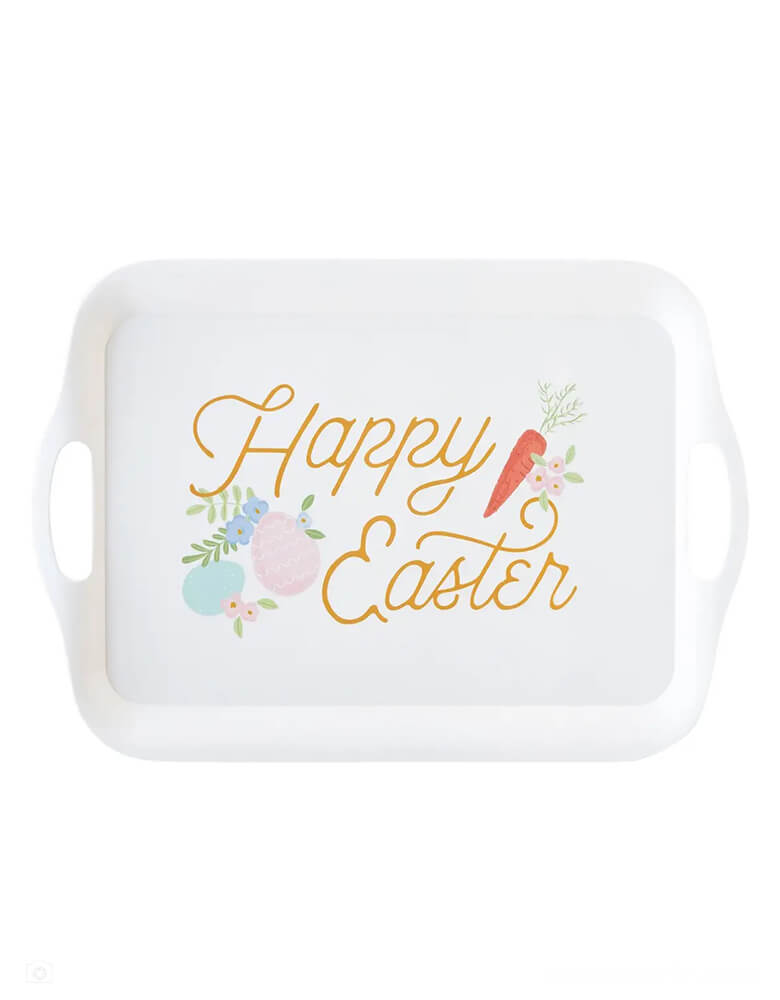Momo Party's 16.5 X11.5 inch Happy Easter Bamboo reusable tray by My Mind's Eye. Great for serving treats or food, this reusable tray is perfect for an Easter brunch event.