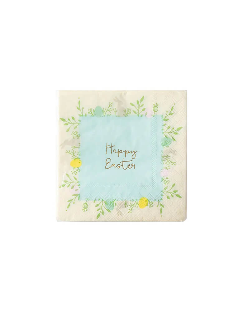 Momo Party's 5" x 5" Happy Easter small napkins by My Mind's Eye. Come in a set of 32 napkins, these napkins with the message of "Happy Easter" feature Easter eggs, bunnies and flowers, they're perfect for your Easter celebration table!