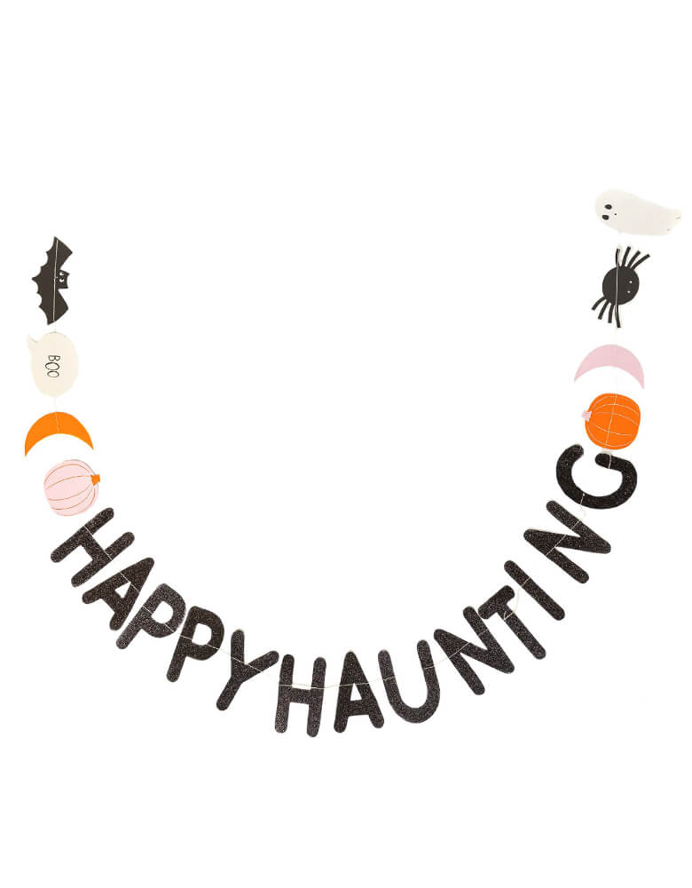 My Minds Eye - Happy Haunting Icon Banner. Featuring Happy Haunting in black glitters and with halloween icons like bat, Boo, orange and pink moon, pink and orange pumpkins, spider, and ghost for extra spooky fun