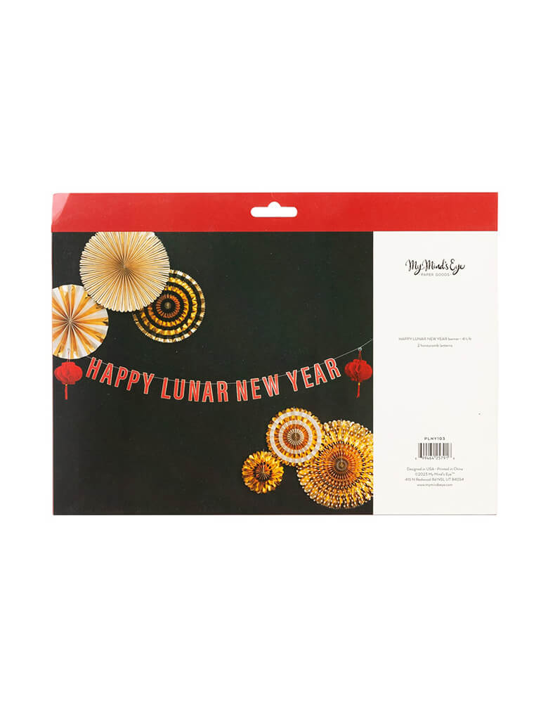 Back package design of Momo Party's Happy Lunar New Year Banner by My Mind's Eye. With a "Happy Lunar New Year" word banner and two red honeycomb lanterns, it sets a perfect scene for your Lunar New Year celebration!