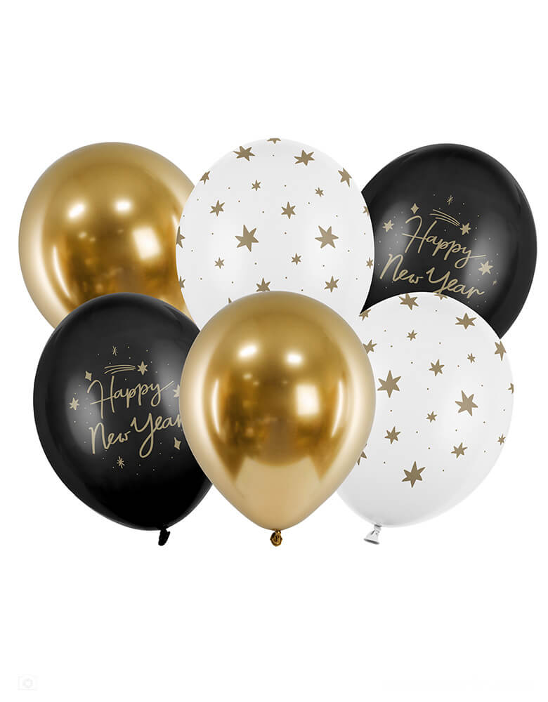 Momo Party's Happy New Year Latex Balloon Mix, set of 6 by Party Deco in the color of black, white and gold with Happy New Year message on it, a perfect decoration for a New Years Party celebration!
