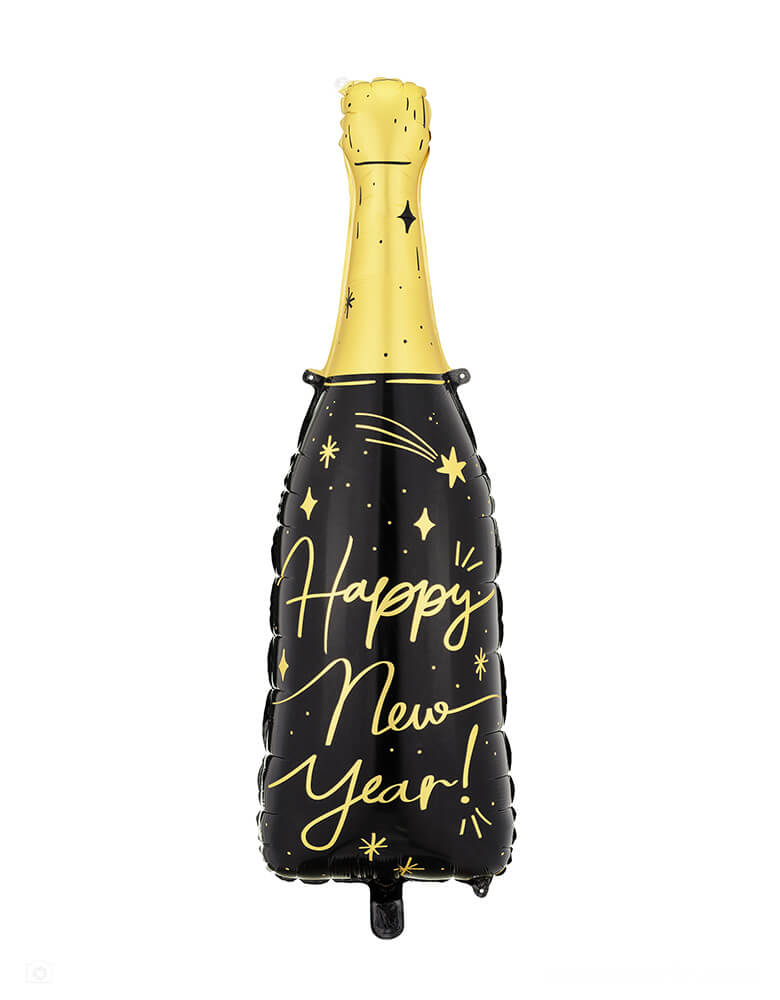 Momo Party's 34.5" champagne bottle shaped foil balloon in gold and black by Party Deco, with a message of Happy New Year on it, it makes perfect balloon decoration for a New Years Eve countdown party!