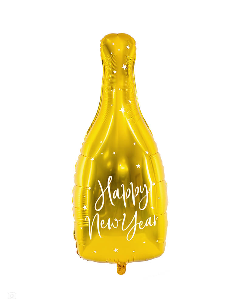 Party Deco 32 inches Happy New Year Champagne Bottle Foil Mylar Balloon, feathering a gold champagne bottle shape with Happy New Year print on it