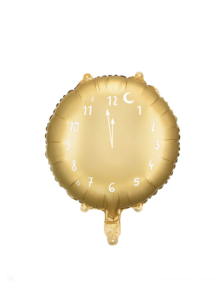 Momo Party's 14" countdown clock shaped foil balloon in gold by Party Deco, a perfect balloon decoration for New Years Eve celebration