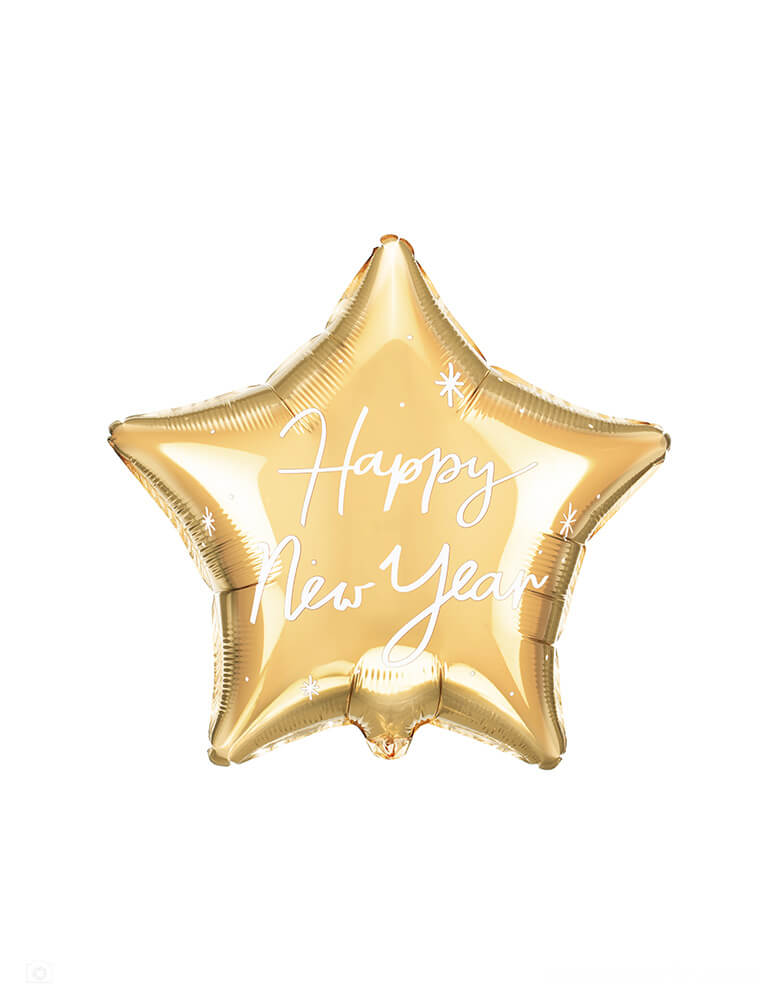 Momo Party's 17" gold star shaped foil balloon by Party Deco with Happy New Year message on it. A perfect balloon for a New Year countdown party!