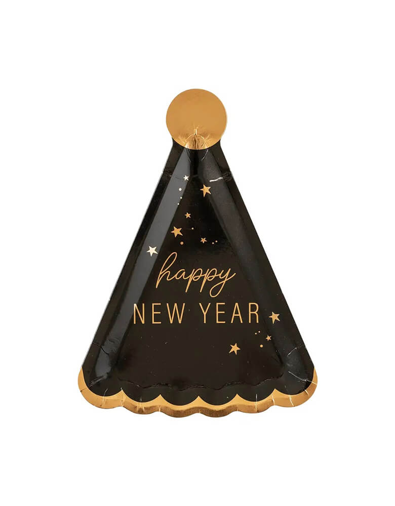 Momo Party's 10 x 7  inches Happy New Year Hat Shaped Plates by My Mindy's Eye, comes in a set of 8,  featuring black and gold foil accents, with the message of "Happy New Year", it's the perfect plate for your New Year's Eve countdown party!