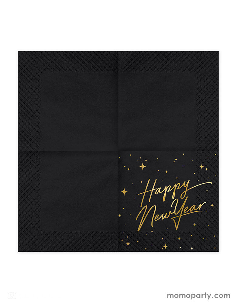 Unfolded Party Deco - Happy New Year Large Napkins. featuring "Happy New Year" text and stars in gold foil print in the black napkin. Ring in the New Year in style with this gorgeous Happy New Year napkins with gold foil detail. This black and gold new year collection is the perfect party tableware for a new year party!