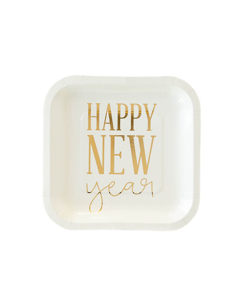 My Mind's Eye - NYE840 - HAPPY NEW YEAR 7" PLATE. Featuring "happy new year" text in gold foil print on a cream white 7 inches square paper plate. Perfect party wear, party supplies for your New year party, new year celebreation