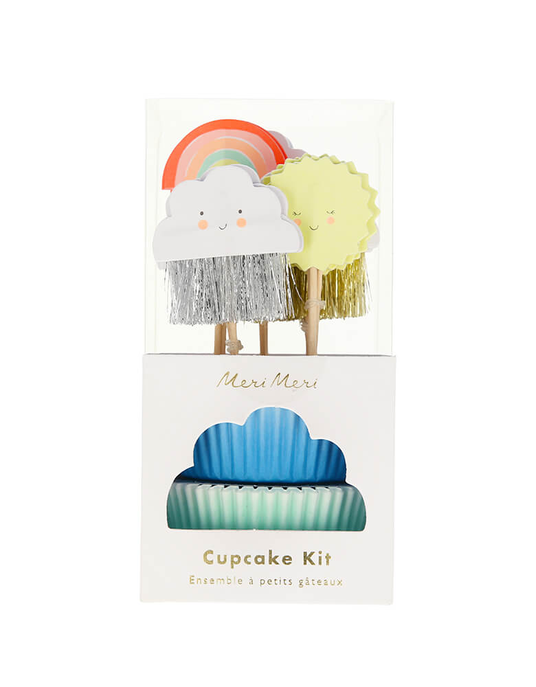 Meri Meri Happy Weather Cupcake Kit. The kit includes beautifully illustrated and crafted toppers, with four designs of silver and gold clouds, suns and rainbows. Presented in twenty-four coordinating cases in two designs. Themed toppers with 24 coordinating cupcake cases Neon print & silver fringe detail. Adding these cute topper and wrap on cupcakes for a sweet baby shower, you are my sunshine birthday party, birthday party for boys and girls