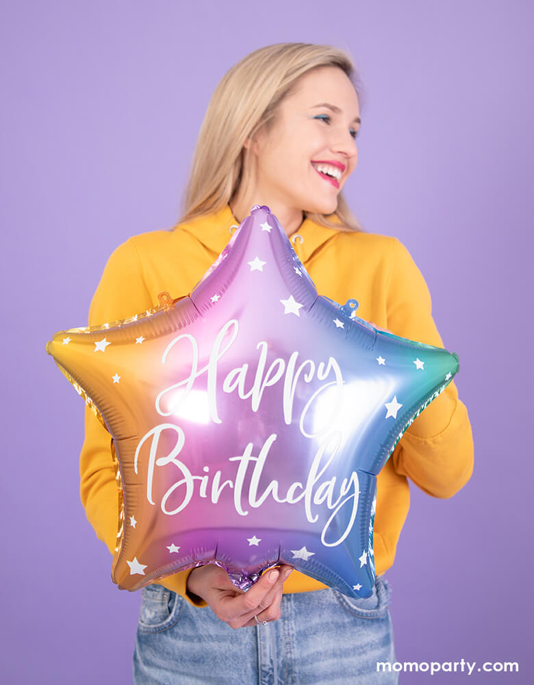 Happy Birthday Pastel Rainbow Star Shaped Foil Balloon