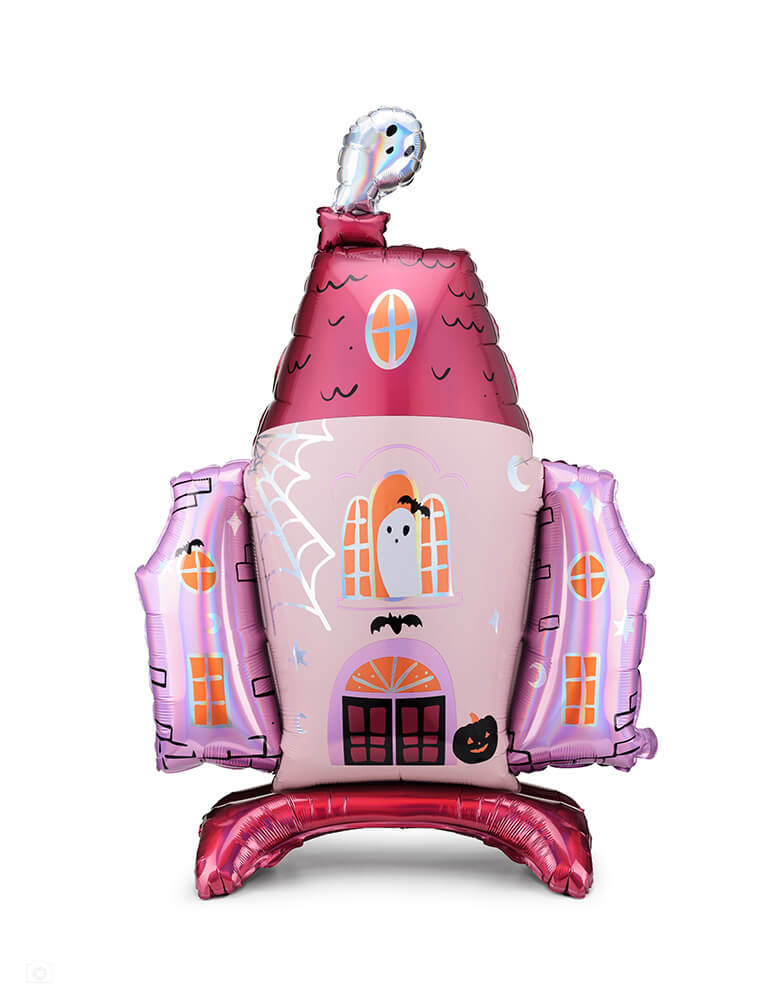 Party Deco 35x46 inches haunted house shaped standing foil balloon in pink and iridescent details, a perfect decoration for a girly pink Halloween party 