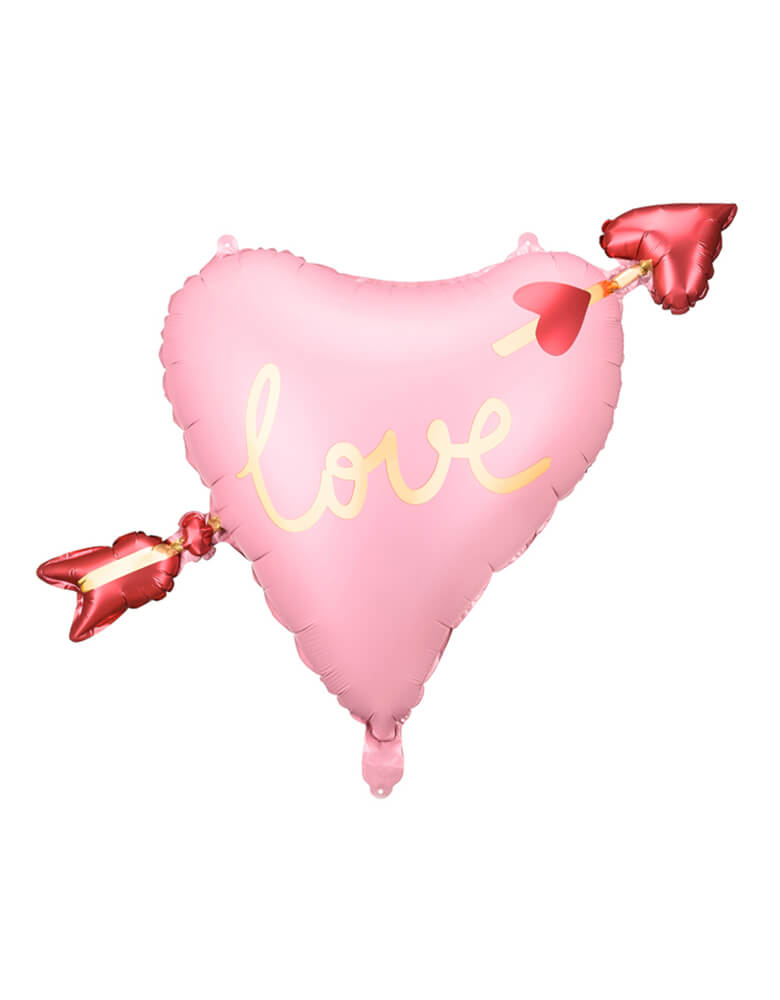Momo Party's 30 x 21.5 inches Heart with Arrow Shaped Foil Balloon, featuring a pink heart shape with the word "love" written on it, with the a gold and red arrow across the balloon, it makes a great balloon decoration for Valentine's Day celebration.